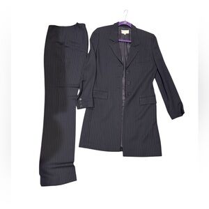 2 Piece Suit Women Navy and Dark Pink stripes. Long Blazer with matching pants.